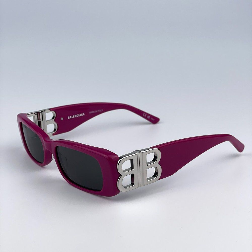 Balenciaga BB0096S 016 Sunglasses Fuchsia Purple Silver Logo Rectangle Unisex - Picture 11 of 15